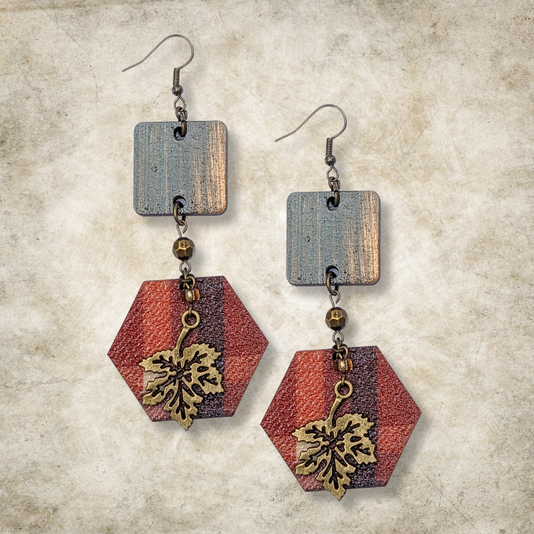 Autumn Woods Flannel Hexagon Earrings