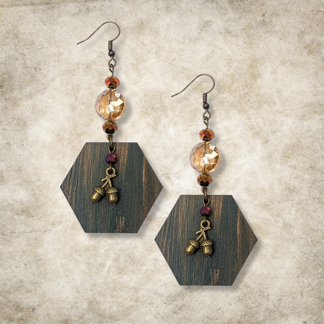 Autumn Woods Green Hexagon Earrings