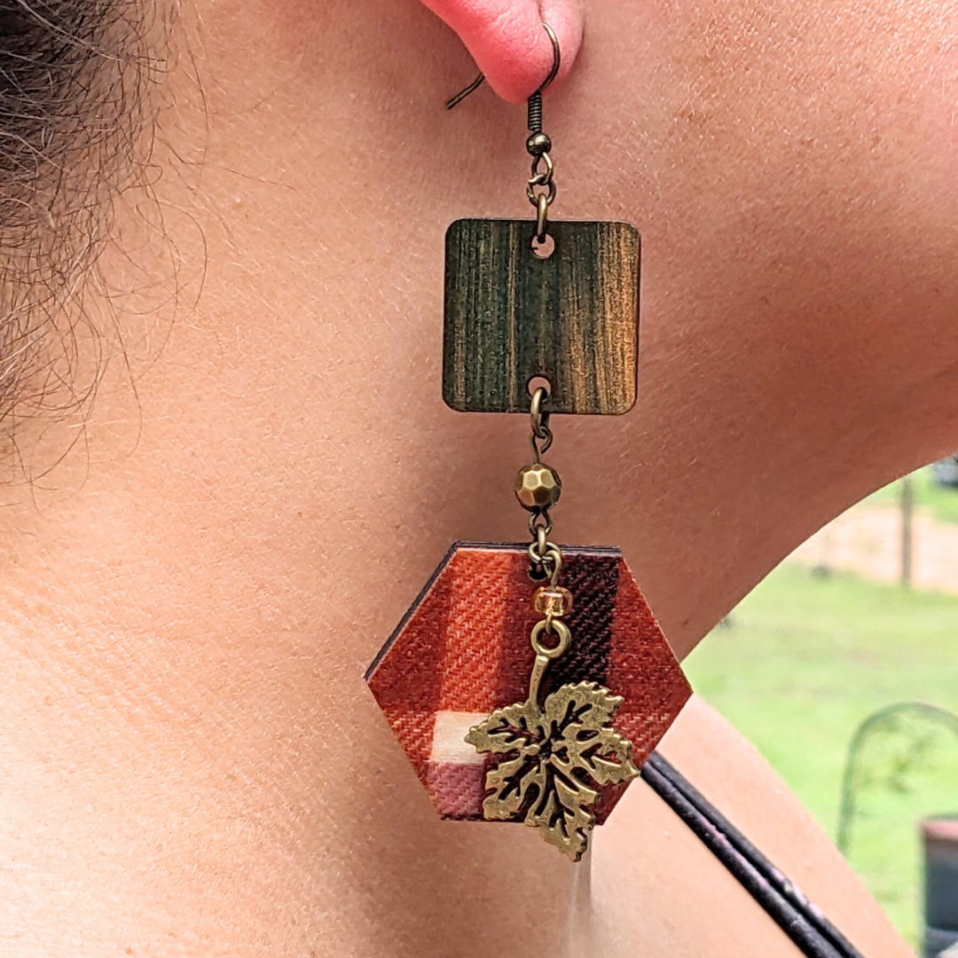 Autumn Woods Flannel Hexagon Earrings