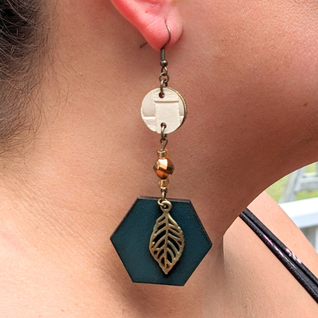 Autumn Woods Teal Hexagon Earrings