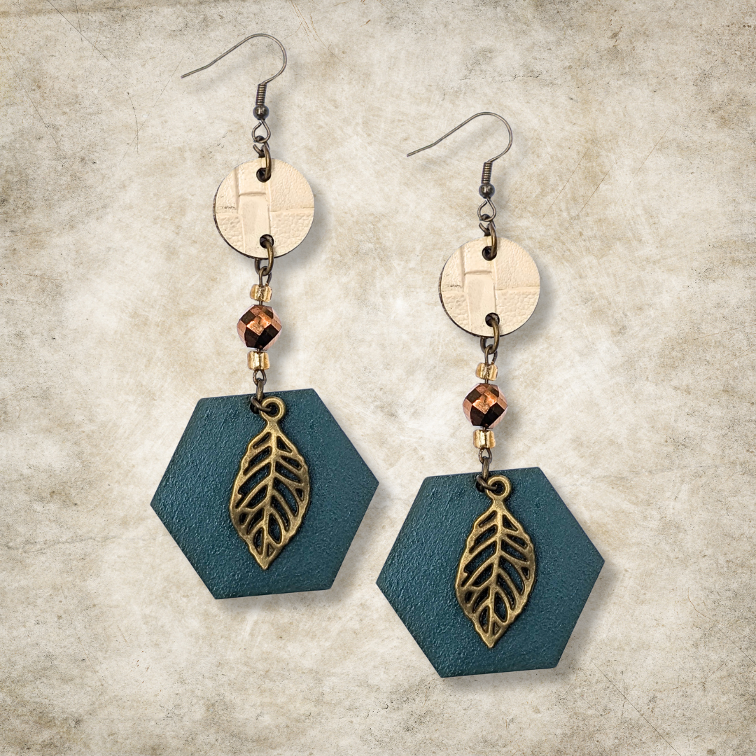 Autumn Woods Teal Hexagon Earrings