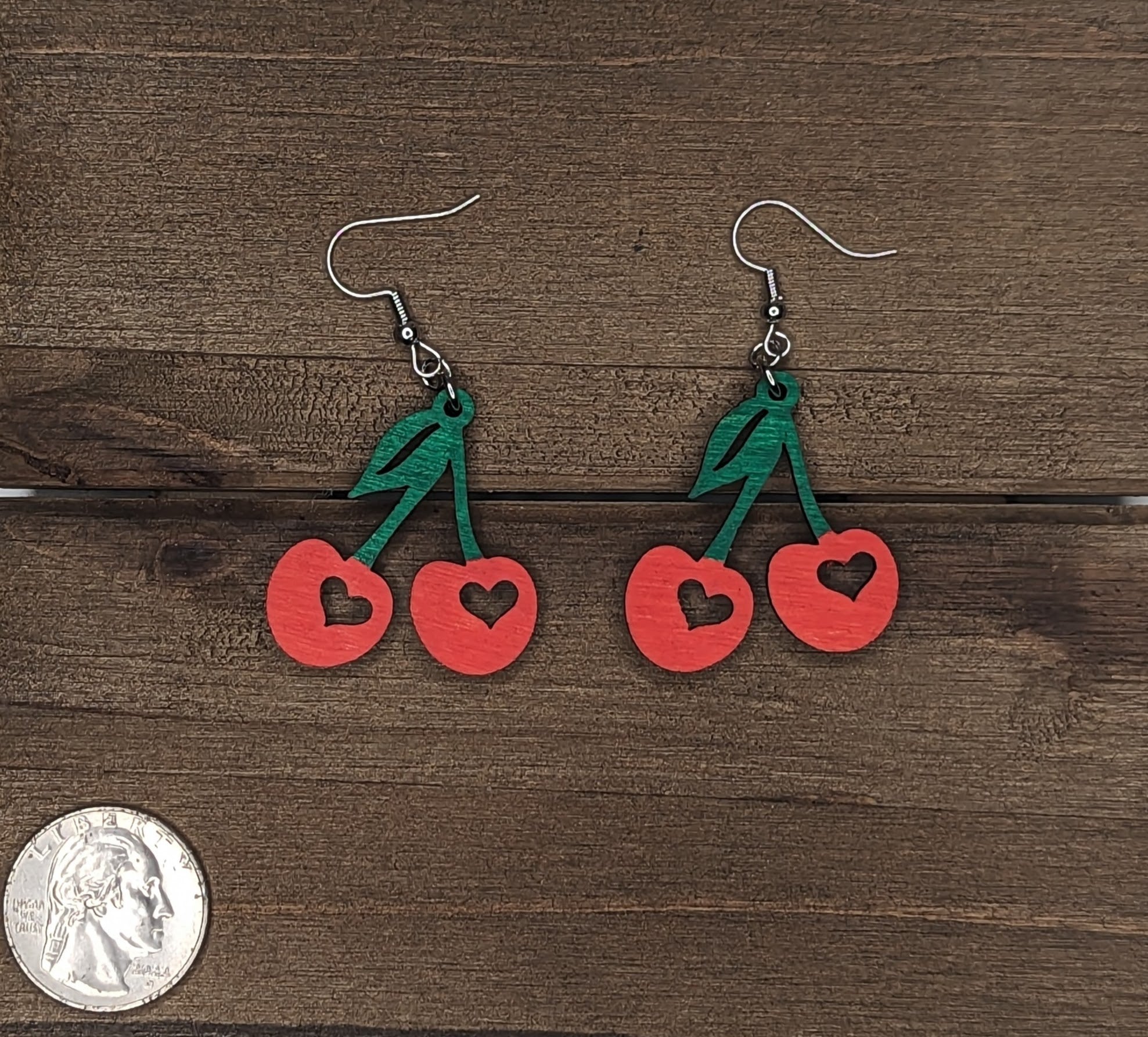 Cherry with Hearts Wood Earrings