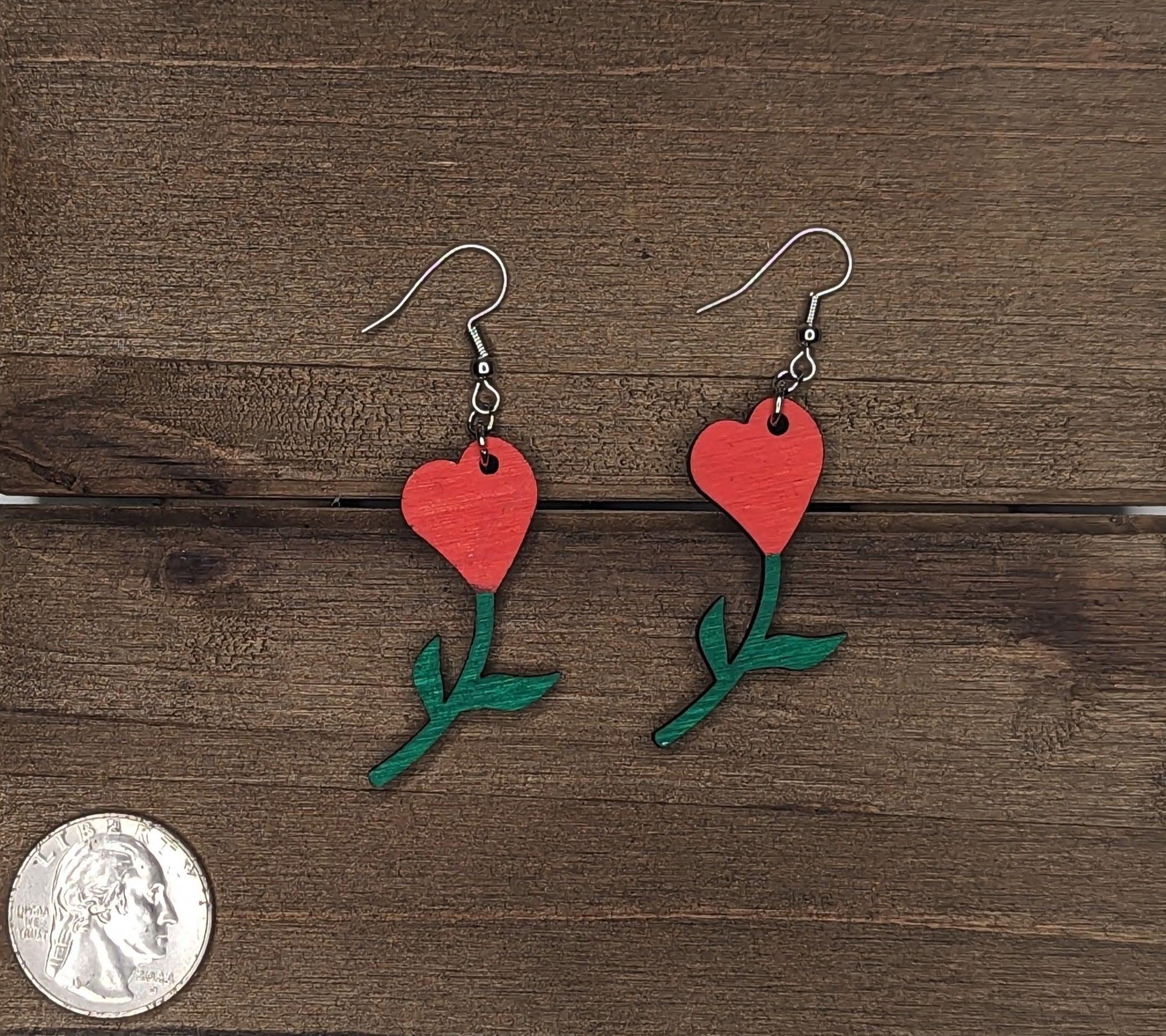 Heart Flower Wood Earrings