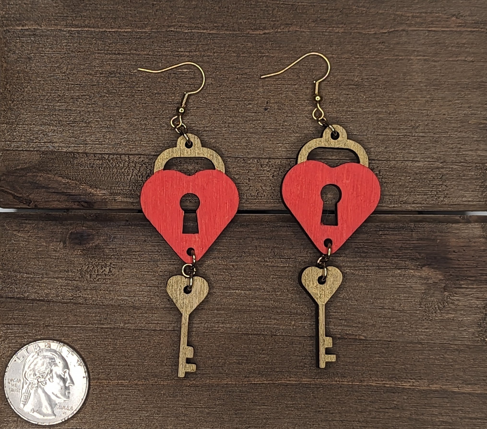 Heart Lock and Key Wood Earrings