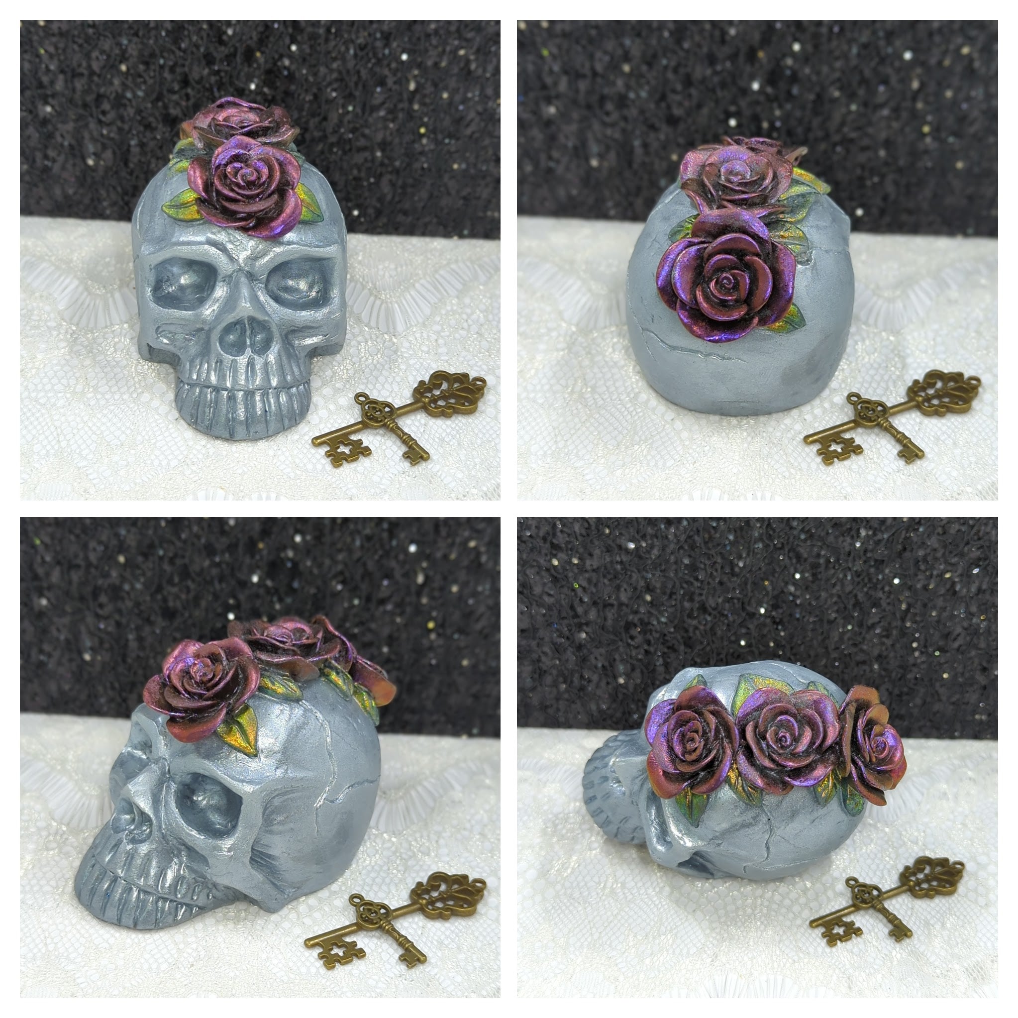 Floral Mohawk Resin Skull (Silver and Purple/Red)