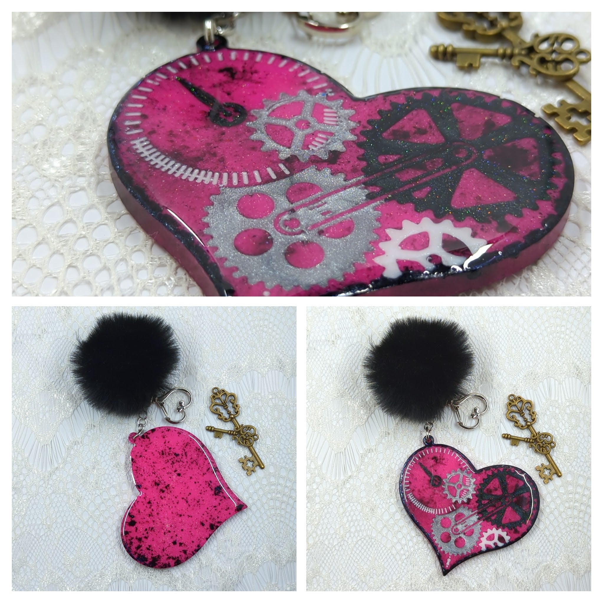 Steampunk Heart Resin Keychain (Hot Pink Grunge)