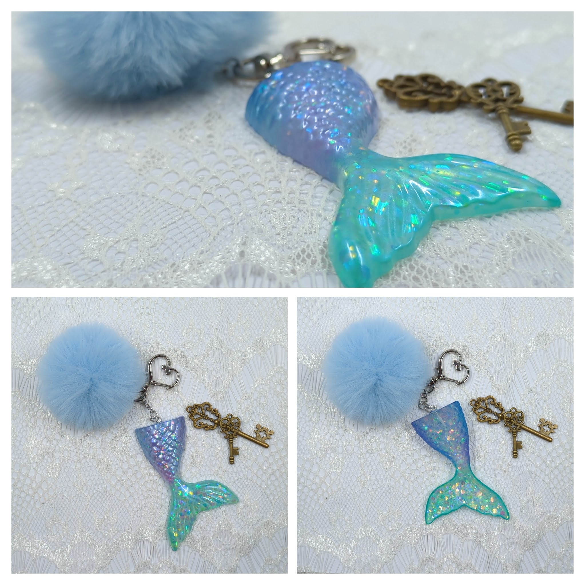 Mermaid Tail Resin Keychain (Blue/Purple and Green w/ Blue Puff)