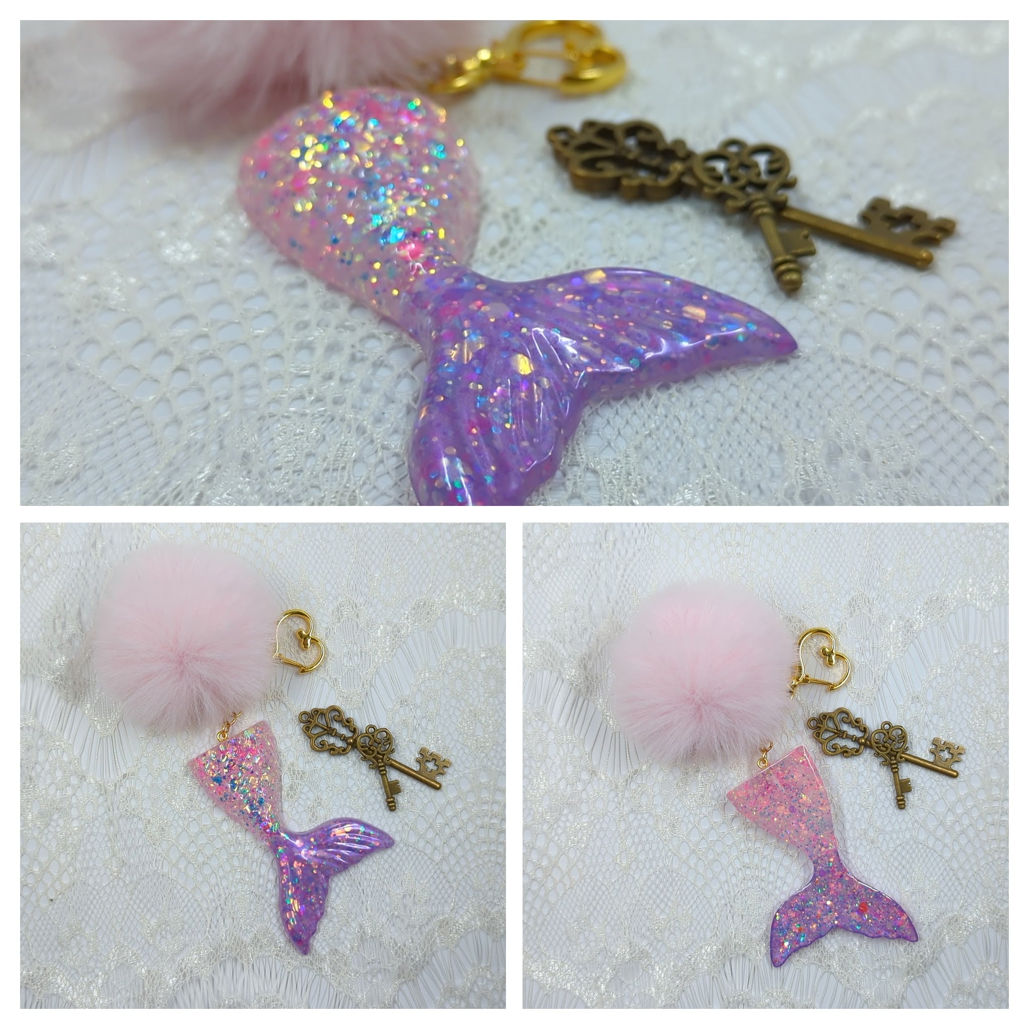 Mermaid Tail Resin Keychain (Pink Mixed Glitter and Purple w/ Pink Puff)