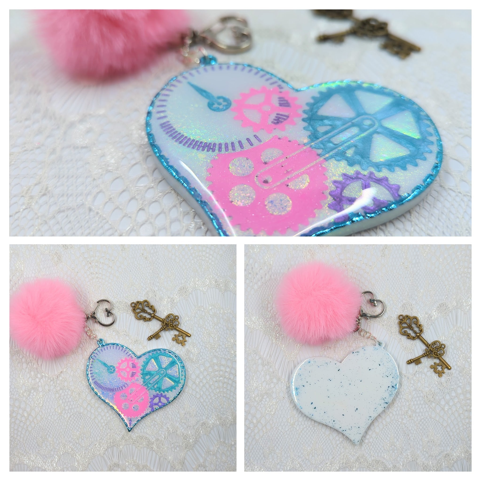 Steampunk Heart Resin Keychain (Pastel Unicorn)