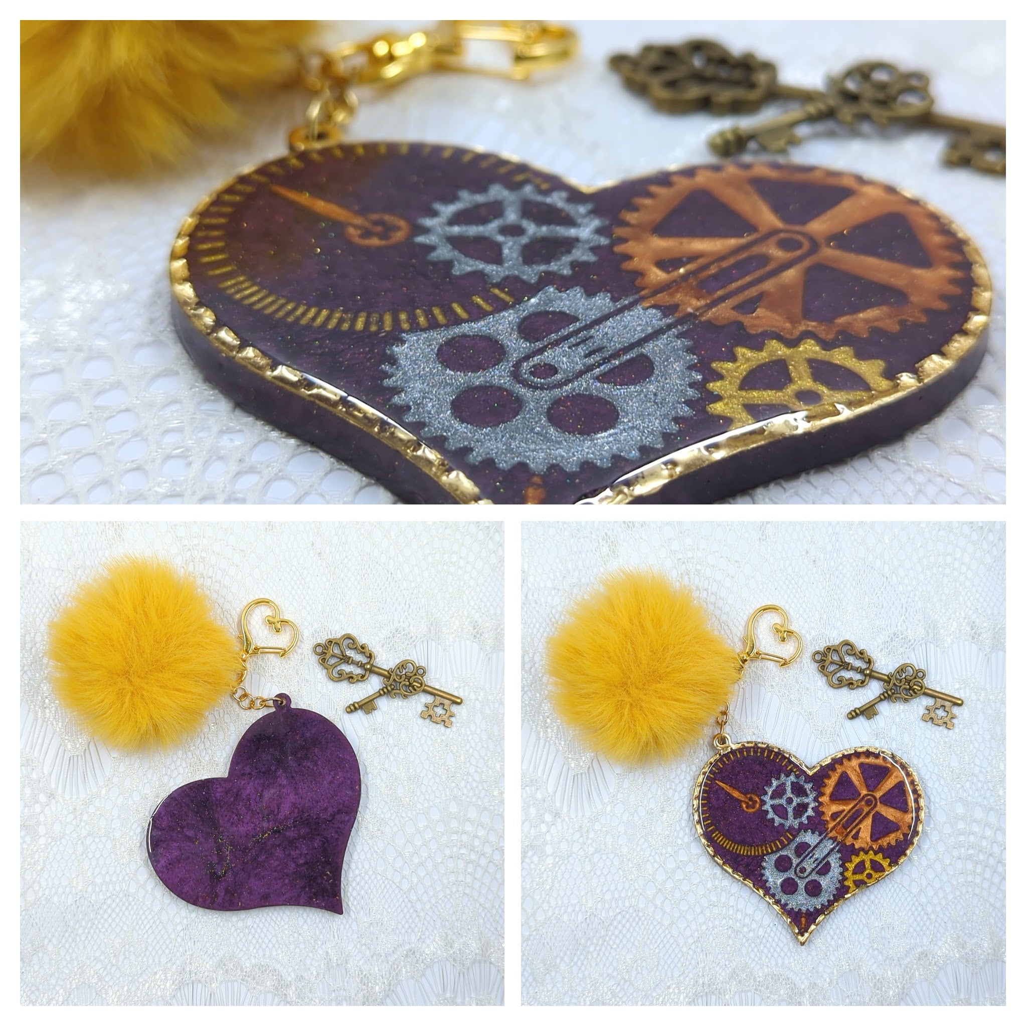 Steampunk Heart Resin Keychain (Royal Metal)