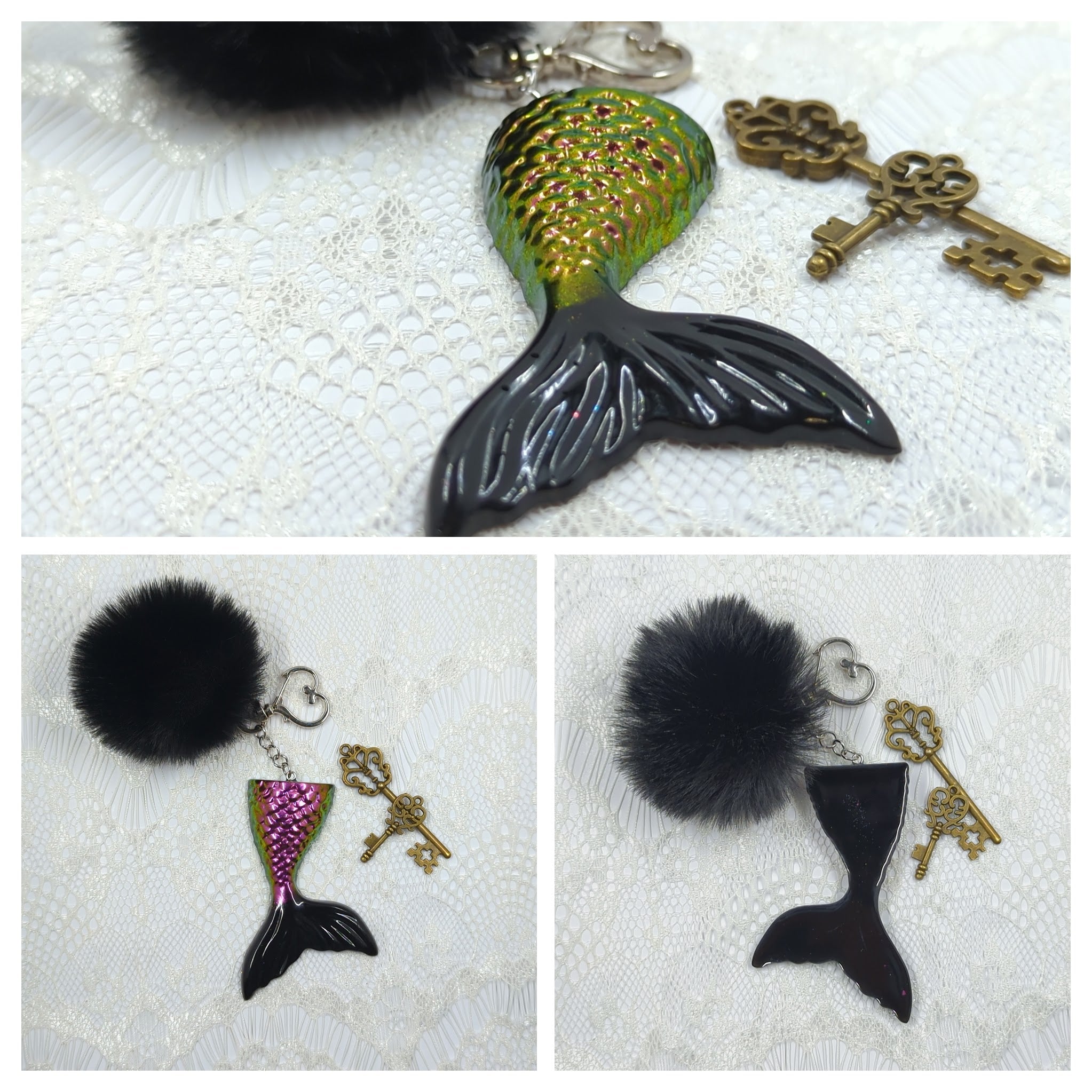 Mermaid Tail Resin Keychain (Pink/Green/Yellow Shifting and Black w/ Black Puff)