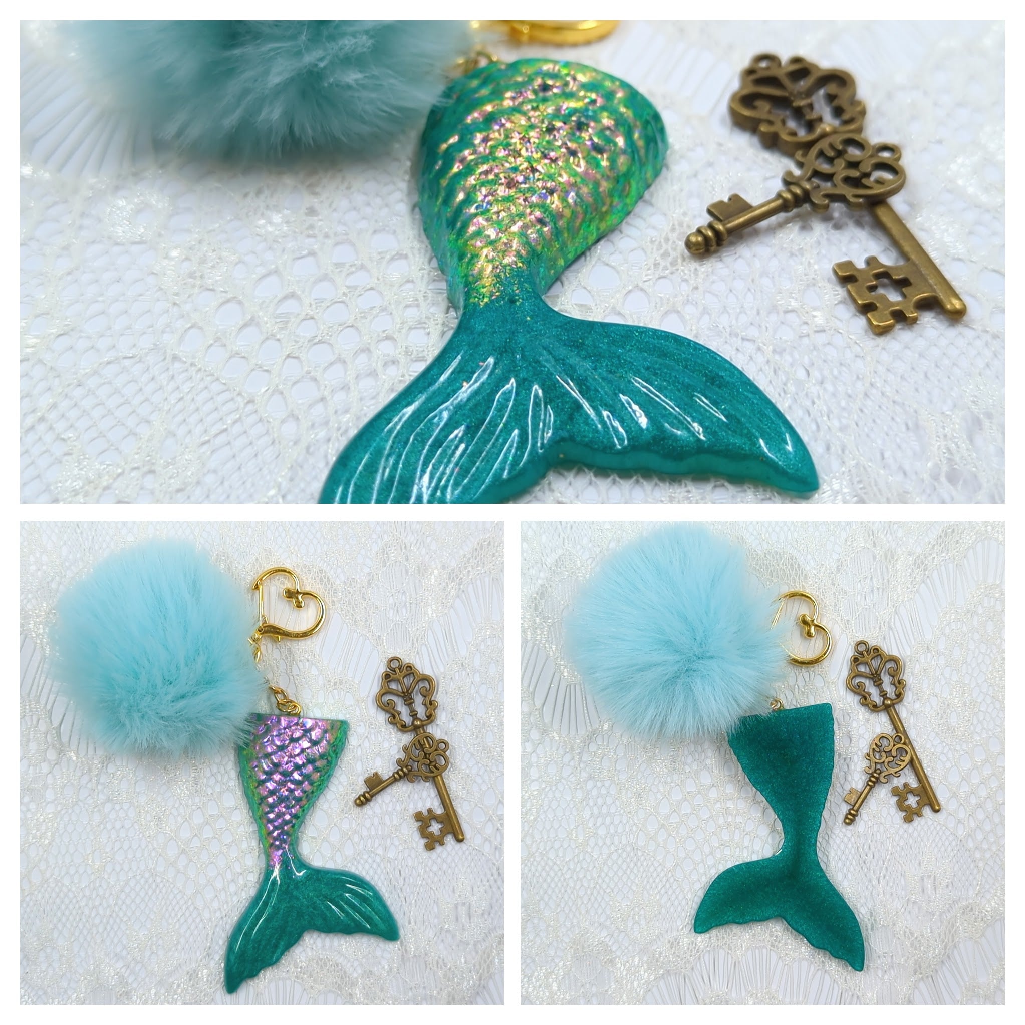 Mermaid Tail Resin Keychain (Iridescent Shifting and Green w/ Mint Blue Puff)