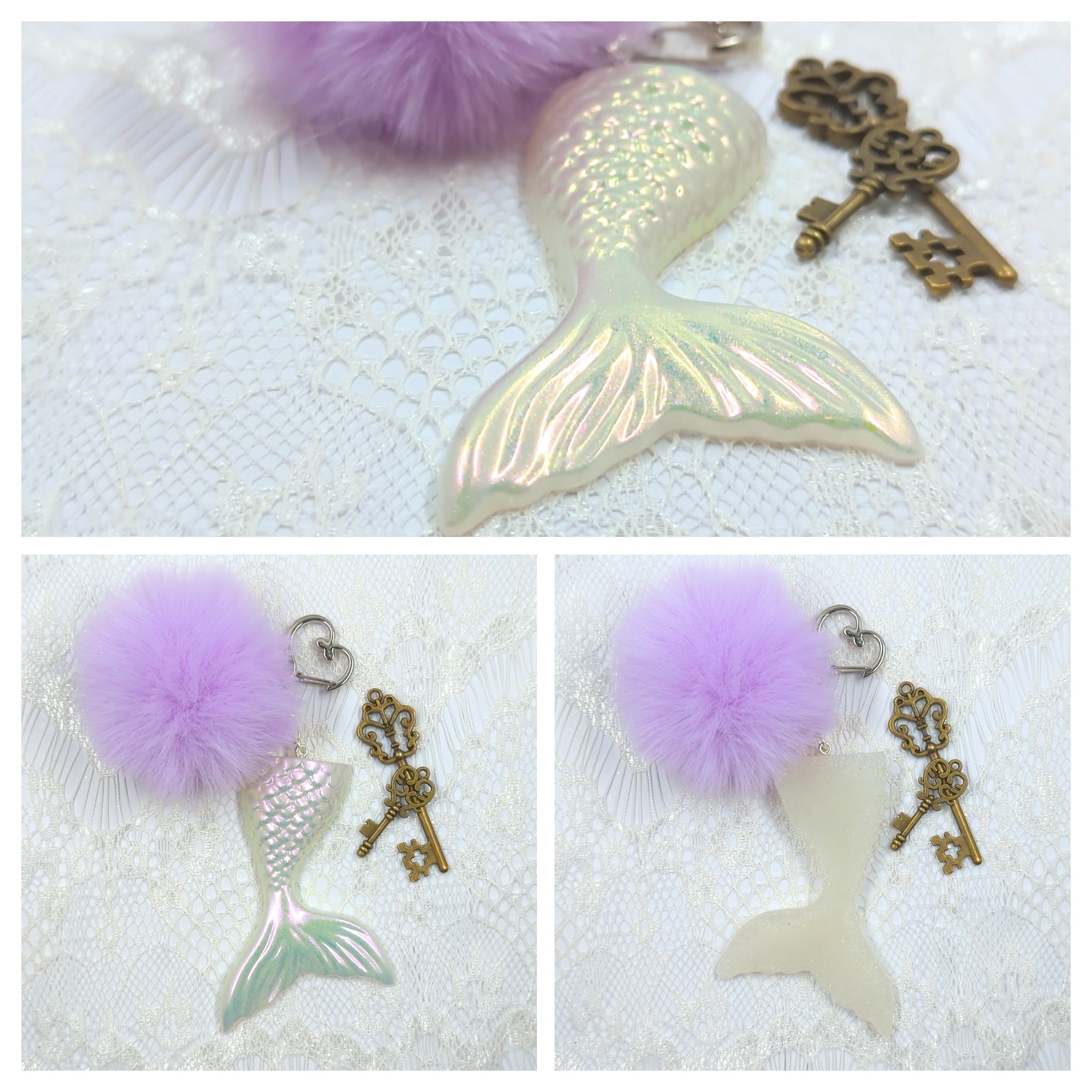 Mermaid Tail Resin Keychain (White Iridescent w/ Pastel Purple Puff)