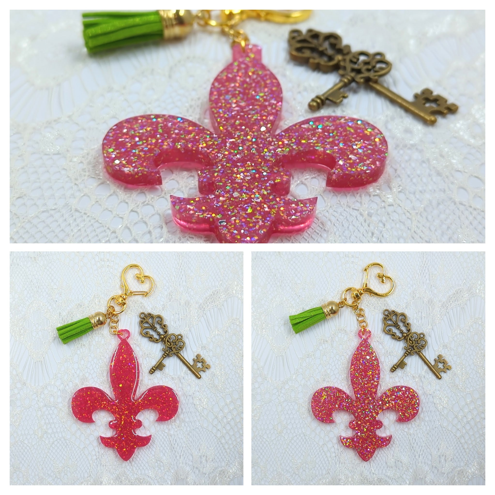 Fleur-De-Lis Resin Keychain (Pink w/ Mixed Glitter)