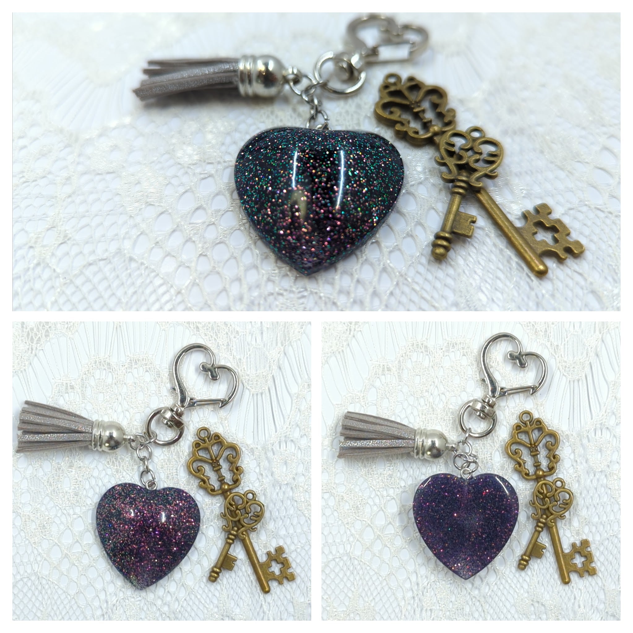 Small Heart Resin Keychain (Black w/ Pink/Green Shifting Glitter)