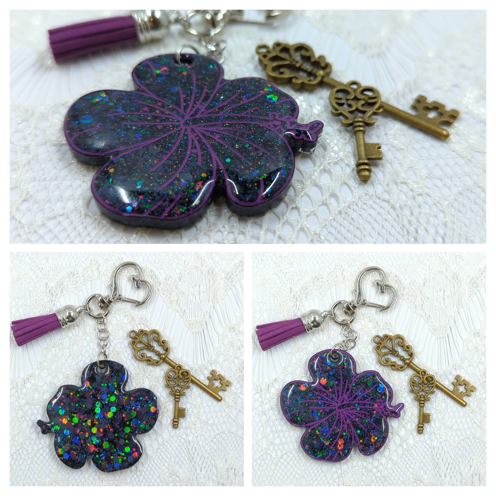 Hibiscus Resin Keychain (Black Holo Mixed Glitter and Purple)