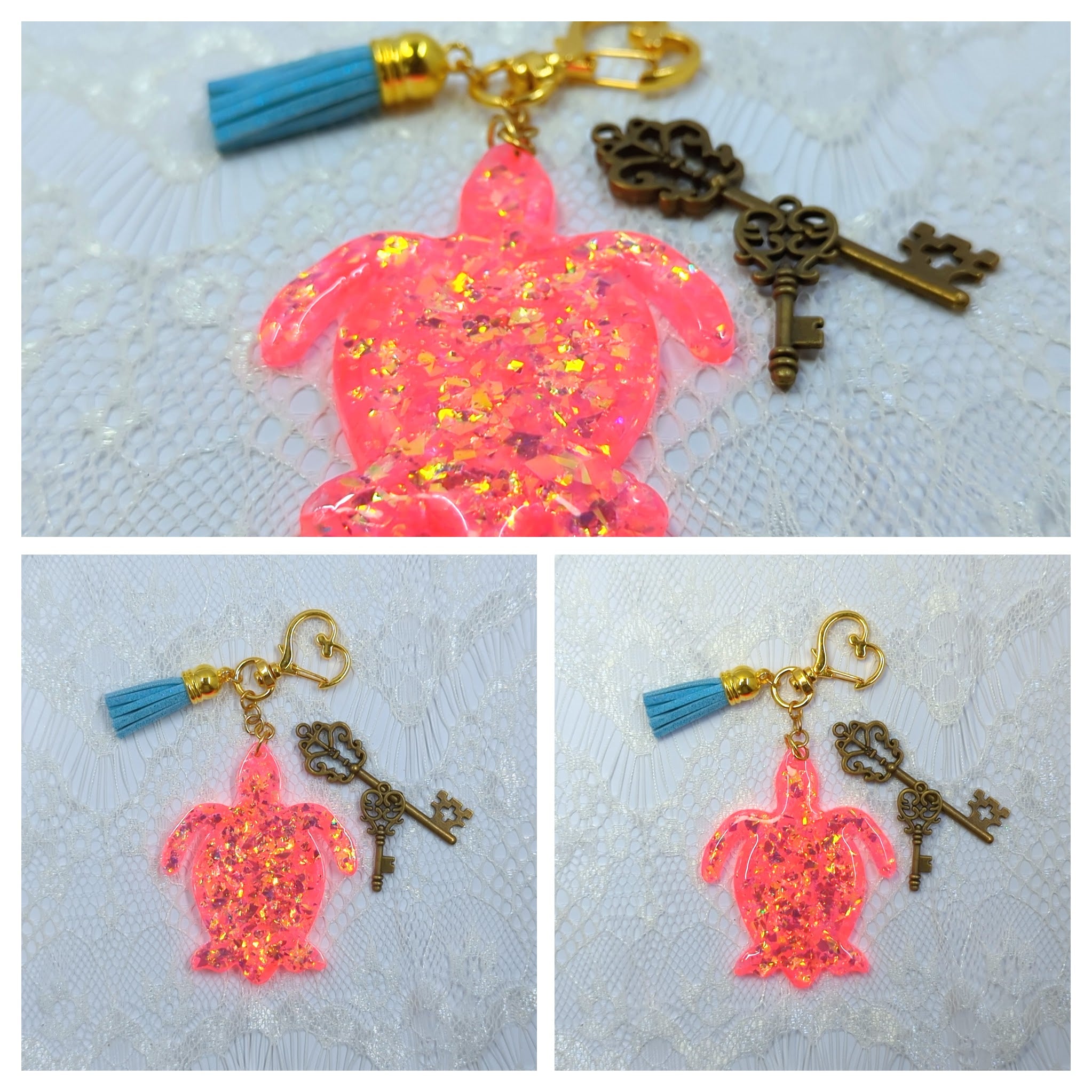 Large Turtle Resin Keychain (Coral)