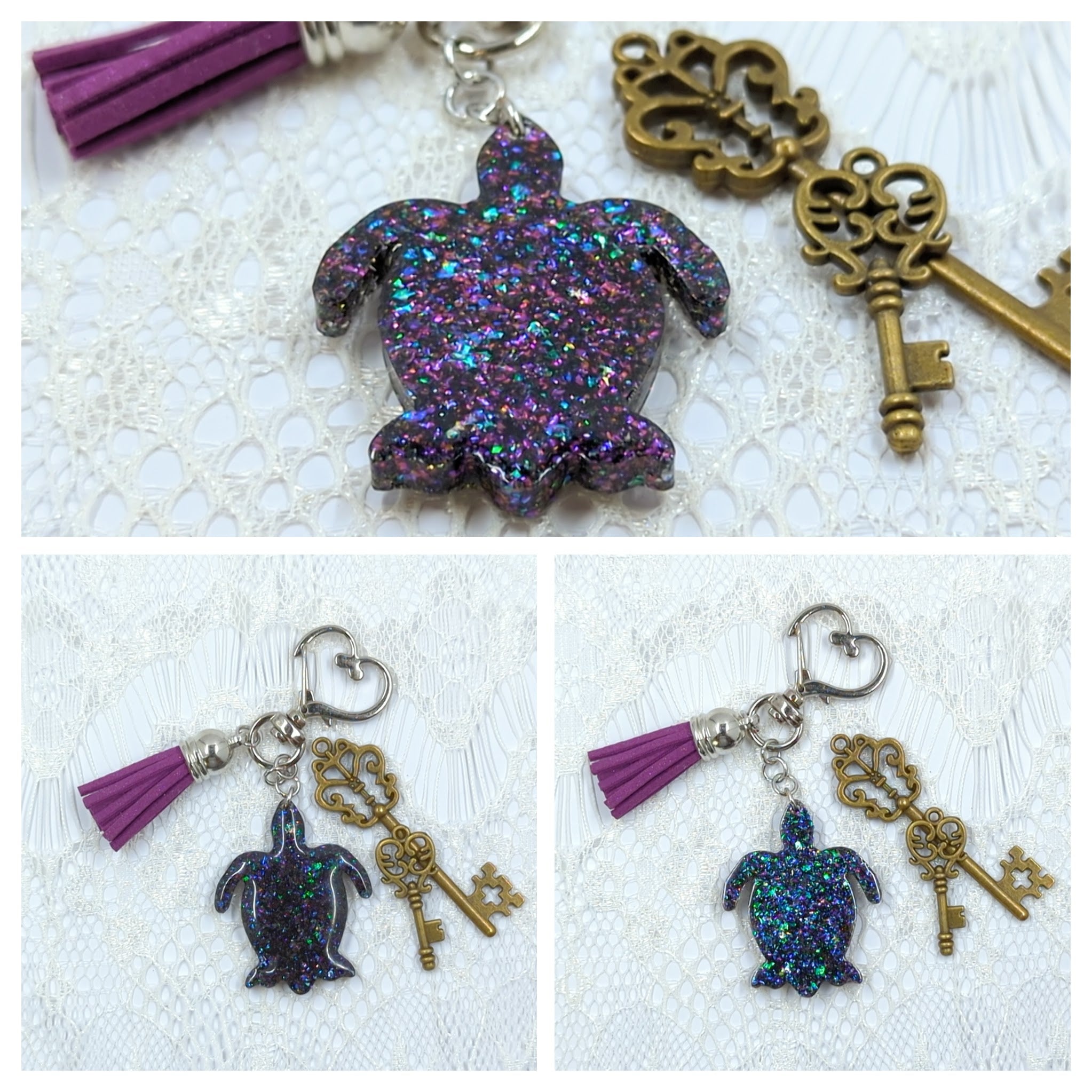 Small Turtle Resin Keychain (Black w/ Iridescent Flakes)