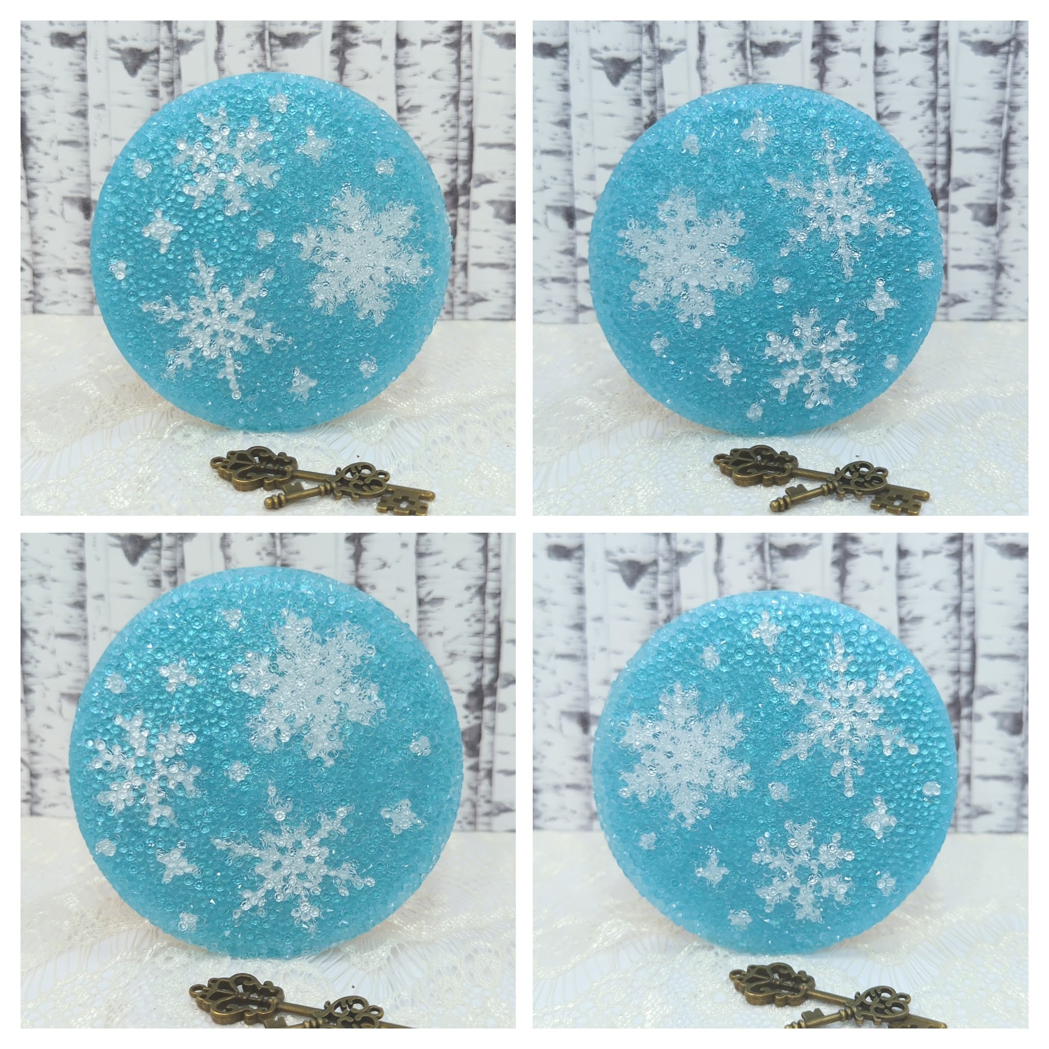 4pc Icy Blue with White Snowflakes Resin Druzy Coaster Set