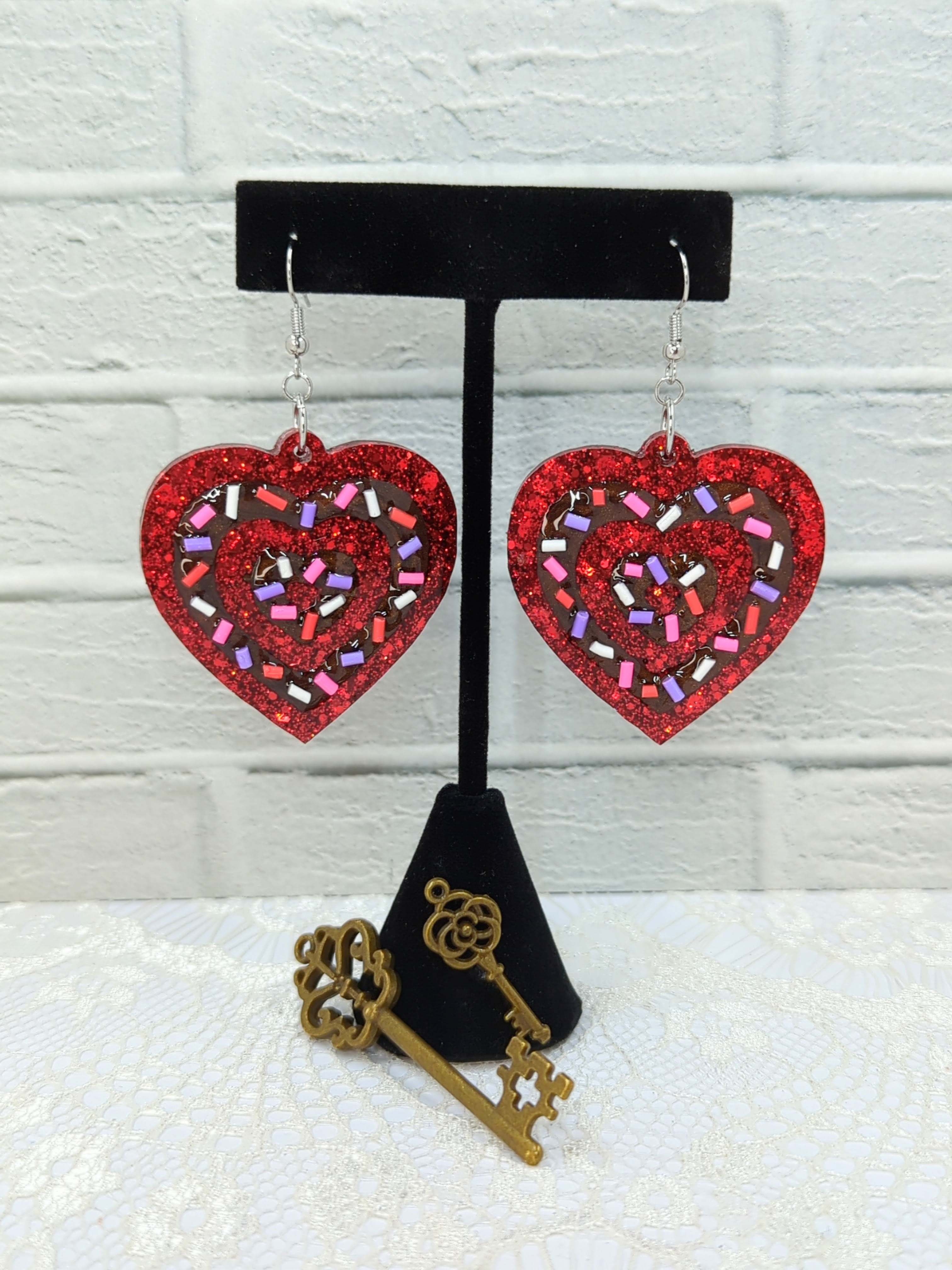 Layered Heart Resin Earrings (Red with Sprinkles)