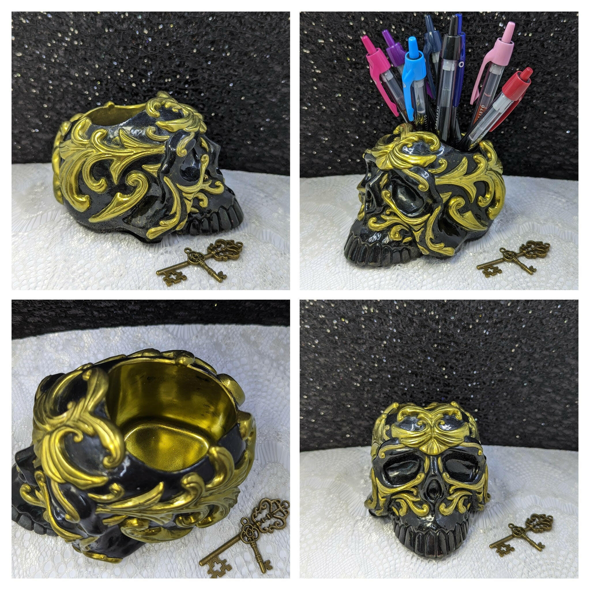 Ornate Skull Resin Container (Black/Gold)