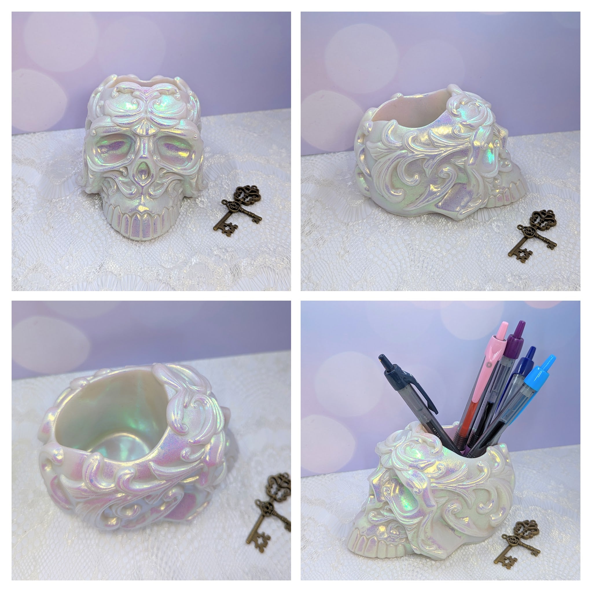 Ornate Skull Resin Container (White Iridescent)