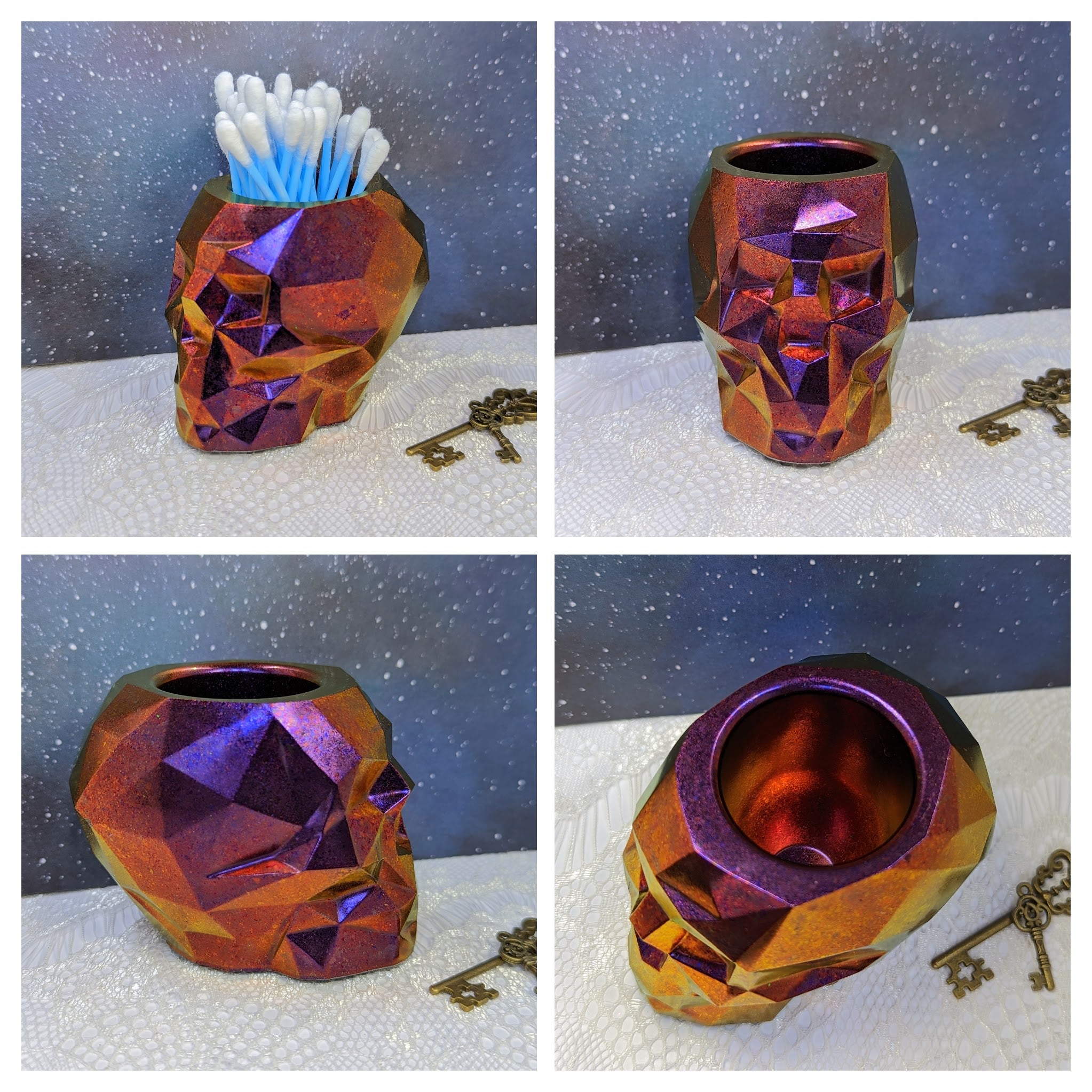 Geometric Skull Resin Container (Red/Orange/Purple Shifting)