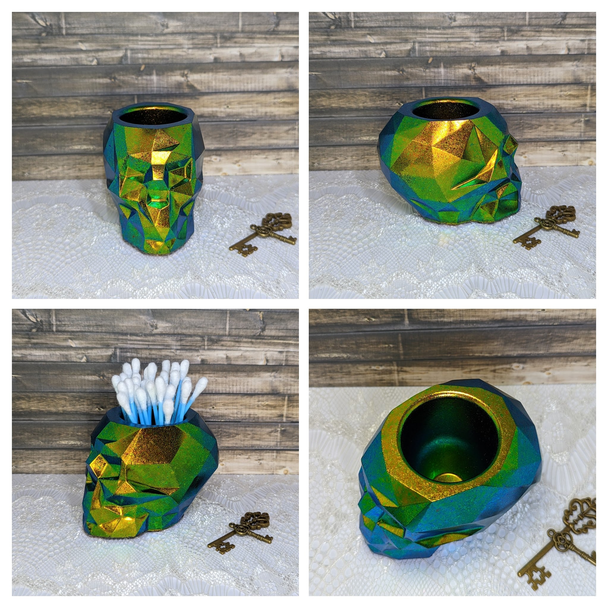 Geometric Skull Resin Container (Green/Yellow/Blue Shifting)