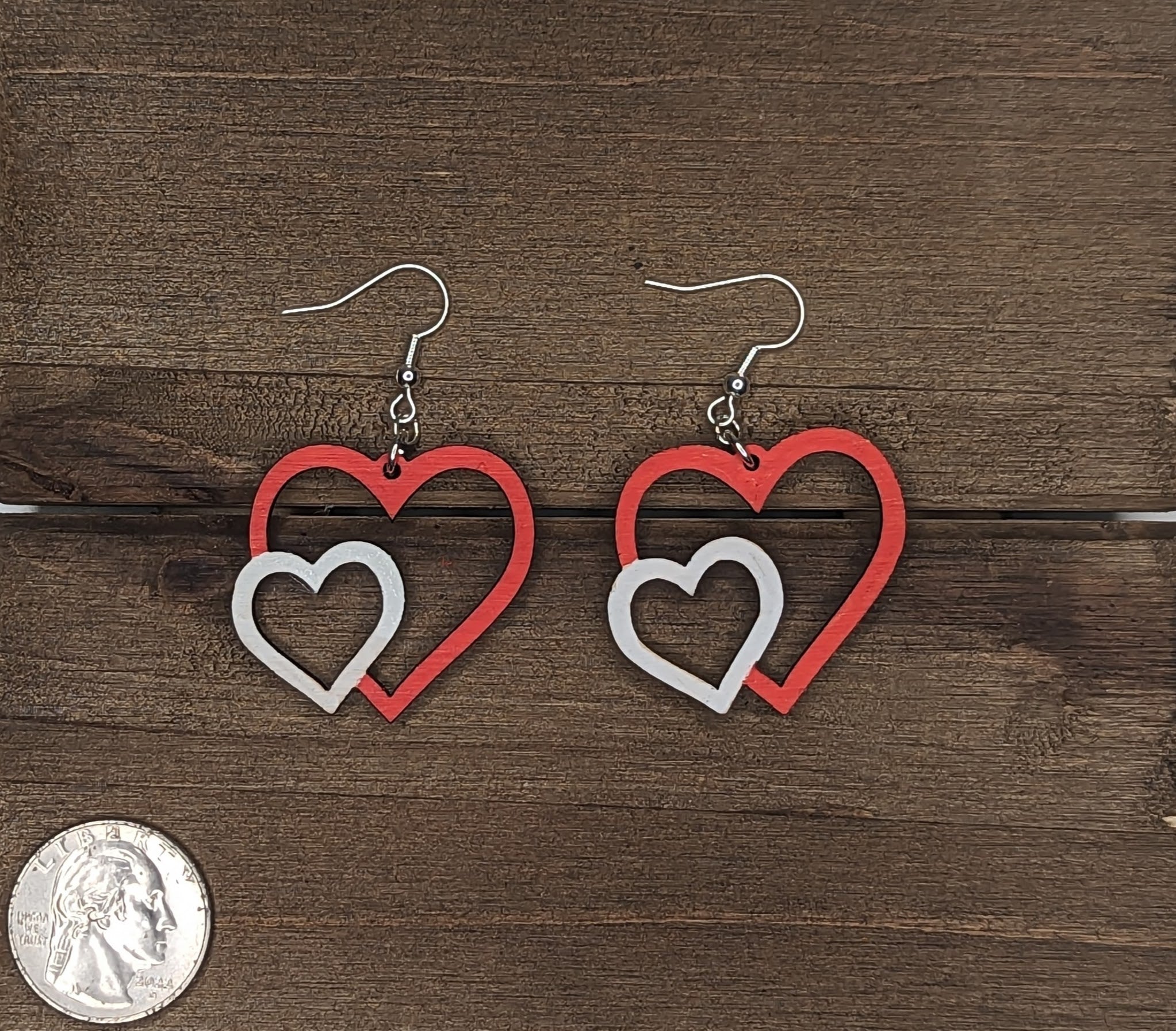 Red Heart White Heart Overlap Wood Earrings